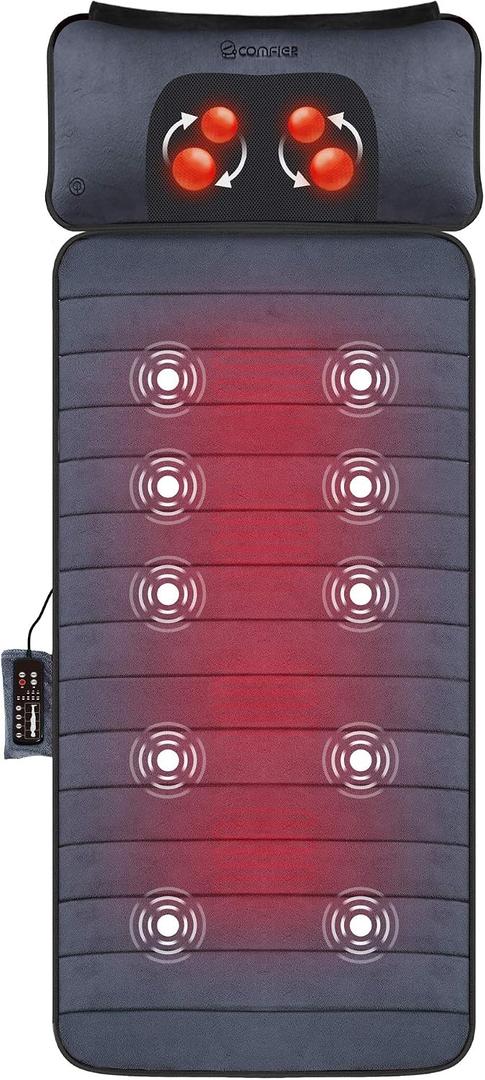 COMFIER Full Body Massage Mat with Movable Neck Pillow, Back Massager with 10 Vibrating Motors & 4 Heat Level, Back Massage Pad, Mothers Day Gifts for Mom