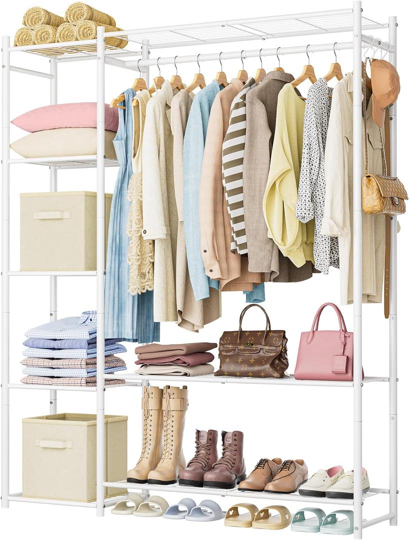 Wardrobe Closet,Portable Clothes Rack with 4 Tiers Shelves,Freestanding Closet Organizers and Storage System with Hanging Rods,Steel Clothing Rack Suitable for Cloakrooms,Bedrooms,Entrances,etc.White