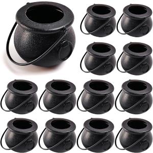 TIHOOD 12PCS 2.75 Spooky Halloween Candy Cauldrons - Mini Black Cauldron Children Toys for St. Patrick's Day Pot of Gold, Trick or Treat, Halloween Decoration and Kid Birthday Party Favors
