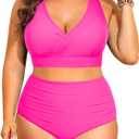 Tempt Me Plus Size High Waisted Bikini - Women Two Piece Swimsuit Tummy Control Bathing Suit 2025 Swimwear (Hot Pink, 14Plus)