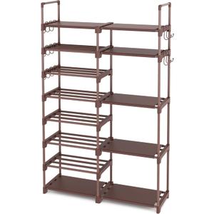 ROJASOP Shoe Rack Organizer, 8-Tier Metal Shoe Rack for Closet Entryway Garage, 26-32 Pairs Tall Shoe Boot Storage Shelf with 15 Hooks, Stackable Large Shoe Stand, Brown