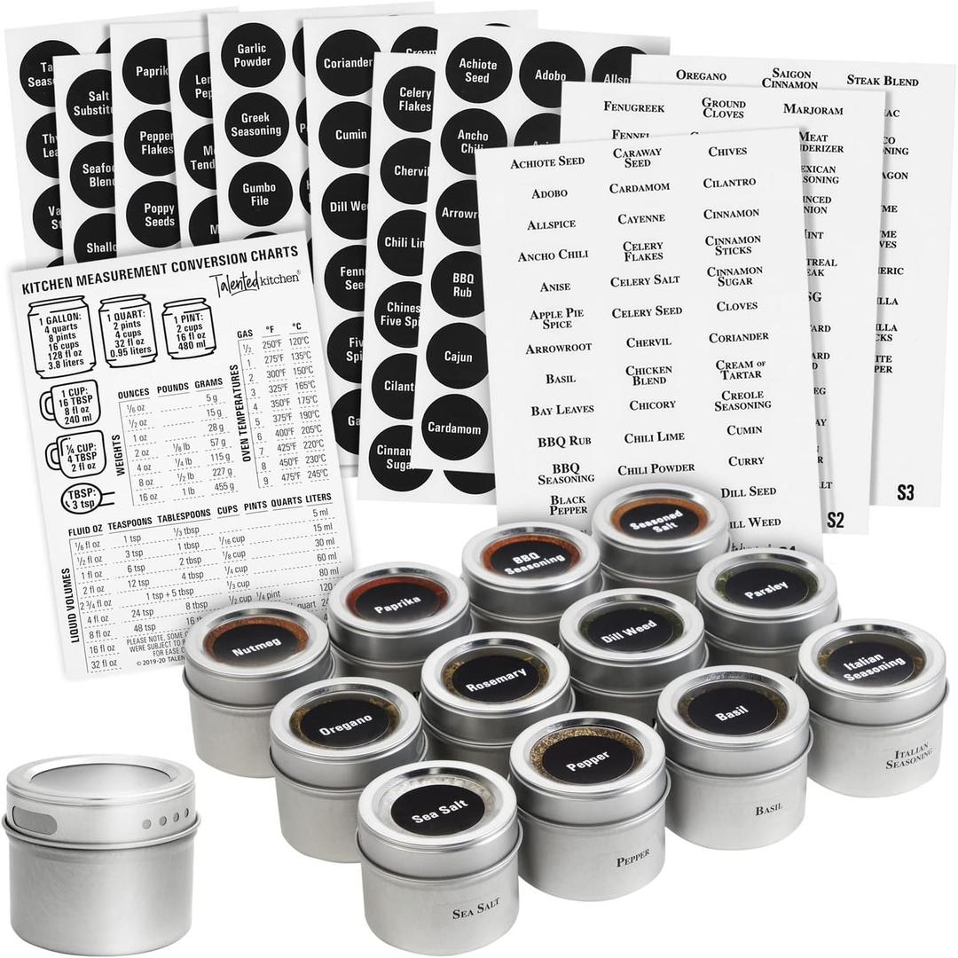 Talented Kitchen Magnetic Spice Jars For Refrigerator - 3 Oz, Stainless Steel, Set Of 12 - Spice Containers With Labels - Magnetic Travel Containers & Camper Must-Haves