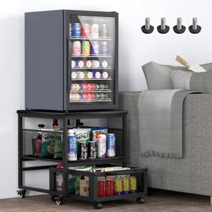 21x21in Mini Fridge Stand with Storage, Heavy Duty Mini Fridge Table with 4 Lockable Wheels for Coffee Bar 220LBS Compact Beverage Refrigerator Stand Cabinet Dorm Fridge Cart for Office Home (Black), 21x21x22 inches