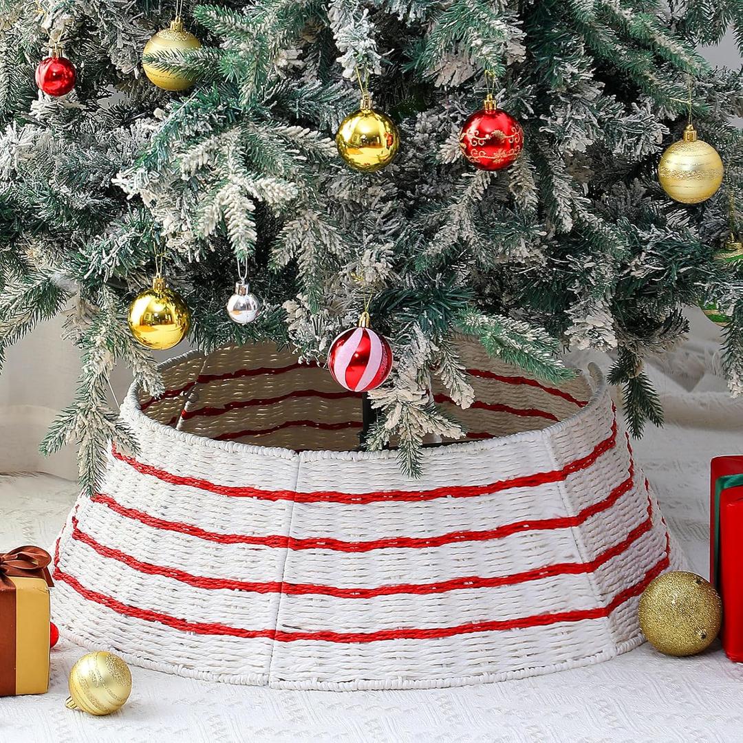 Hungdao 26" Natural Woven Christmas Tree Collar - Red and White Stripes Farmhouse Ring - Rattan Skirt for Artificial Tree Decorations