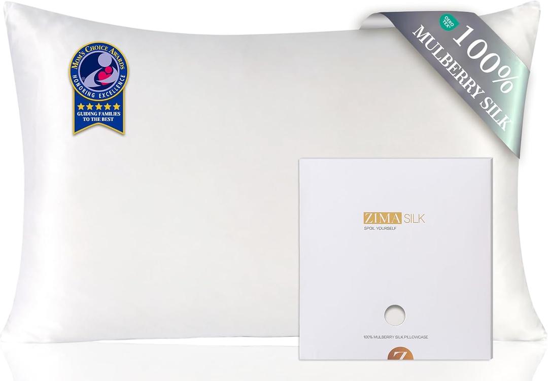 ZIMASILK 100% Pure Mulberry Silk Pillowcase for Hair and Skin Health, Soft and Smooth, Both Sides Premium Grade 6A Silk, 600 Thread Count, with Hidden Zipper, 1pc (Queen 20''x30'', White)