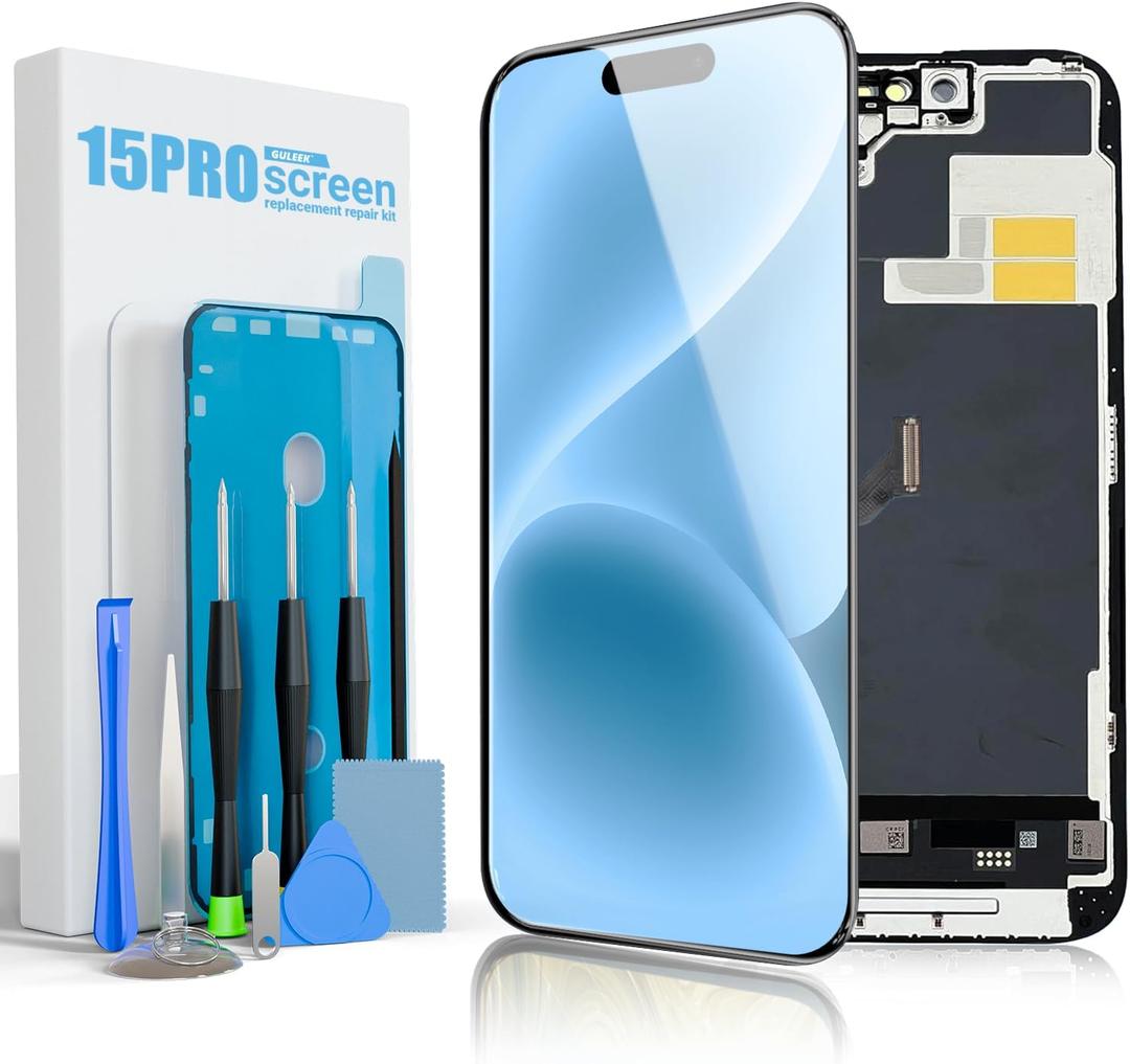 Screen Replacement for iPhone 15 Pro, 6.1 Inch Full HD LCD and Touch Digitizer Assembly Includes Repair Tools, Waterproof Adhesive, and Tempered Glass Screen Protector