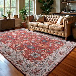 Area Rug for Living Room, 6x9 Washable Non Slip Large Faux Wool Throw Rug, 0.3 Low Pile & Non-Shedding Boho Large Carpet Rugs for for Dining Room, Bedroom, Office (Red)