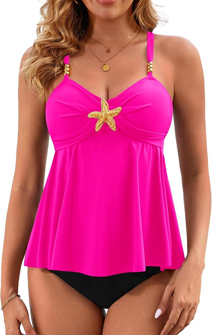 BMJL High Waisted Tankini Swimsuits for Women Two Piece Bathing Suit Ruffle Tie Back Swim Top with Tummy Control Bottom (X-Large, Hot Pink&black)