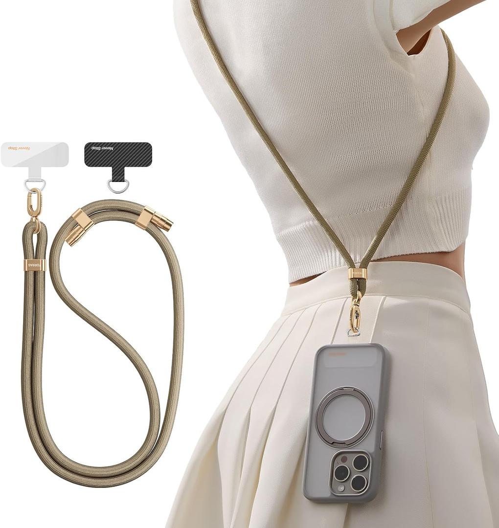 TORRAS Phone Lanyard Crossbody with 2 Phone Tabs, Adjustable Anti Theft Phone Strap for iPhone 17 Pro Max, Premium Metal Buckles, Universal Cell Phone Neck lanyard for Women and Men, Khaki