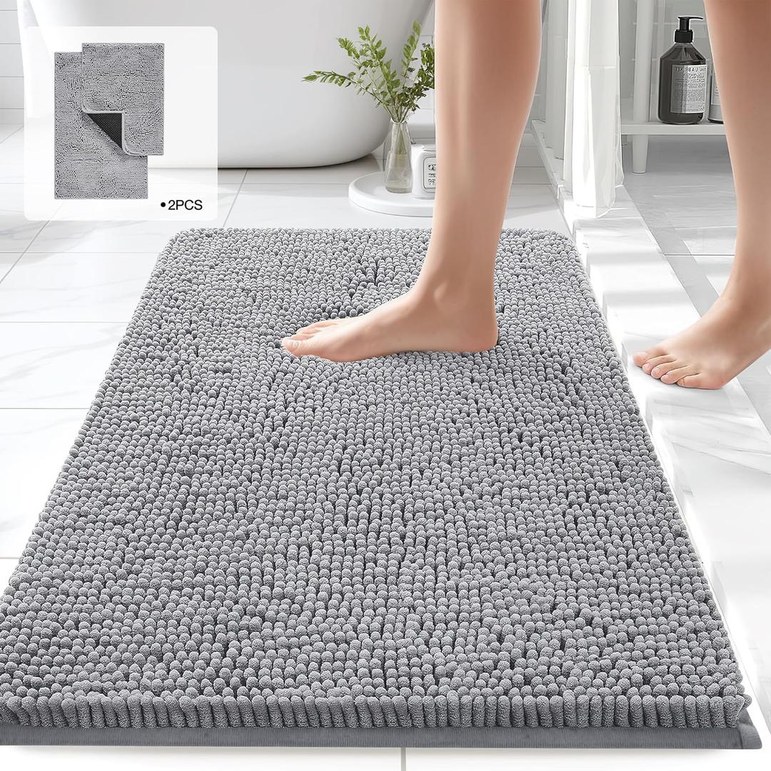 Chenille Bathroom Rugs Sets 2 Piece, Thick Plush Bath Rugs Non Slip Washable, Tub and Shower Soft Microfiber Bathroom Floor Mat, 32x20 Plus 24x17 Inches Grey (20"x31"+17"x24")