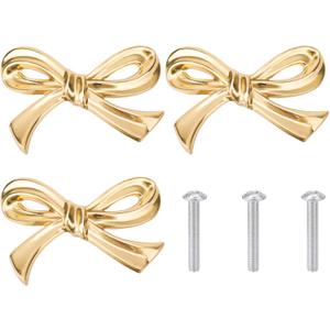 3pcs Bow Shape Cabinets Knobs, Brass Vintage Gold Cabinet Pulls Decorative Bow Dresser Handle for Home Kitchen Dresser Cupboard Wardrobe Drawer Pulls