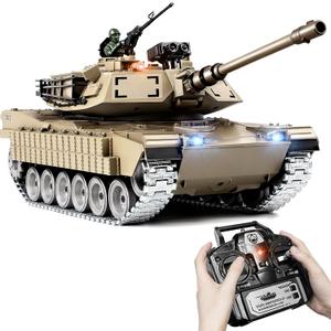 1:18 RC Tank That Shoot BBS, 2.4G Metal M1A2 Abrams Remote Control Tank Model Toys, Army Toy with Smoke, Lights, Sound and Recoil,Military RC Vehicle for Adults and Kids 6+ Year Old