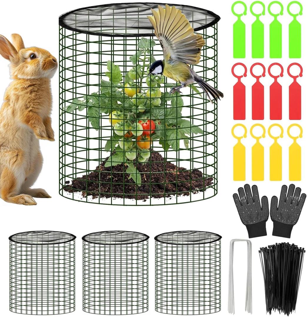 Plant Protector from Animals with Detachable Covers - 4 Pack 16x 16" Wire Cage Cloches with Ground Stakes and Tools for Protecting Vegetable, Flower, Seedling