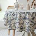 Pastoral Round Tablecloth - 60 Inch Dia. - Beige Linen Table Cloth - Washable Table Cover with Dust-Proof Wrinkle Resistant for Restaurant, Picnic, Indoor and Outdoor Dining, Floral (Dark Blue)