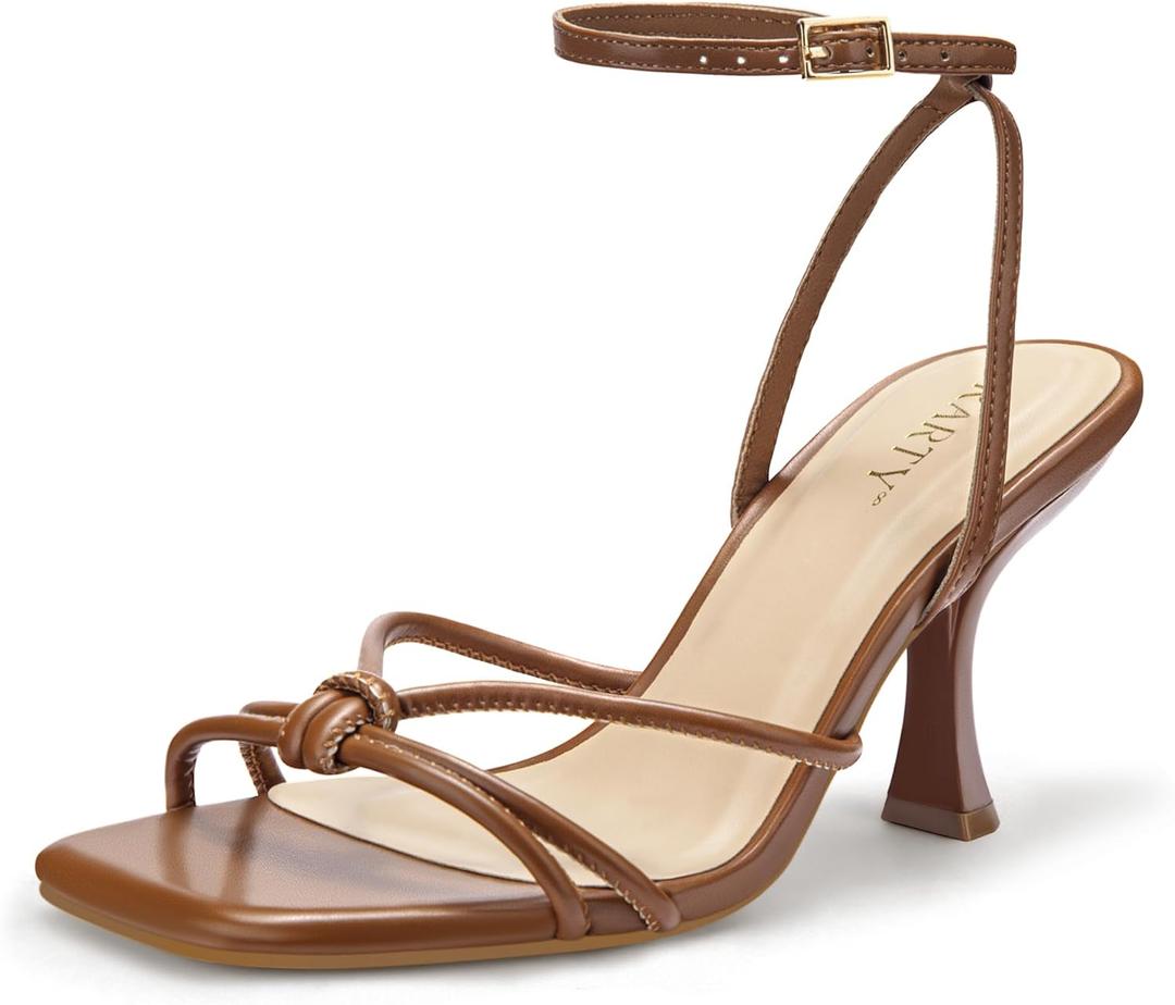 PARTY Women's Square Open Toe Strappy Heeled Sandals 3 inch Stiletto Kitten Heel with Ankle Buckle Strap, Comfortable Slingback Summer Dress Shoes (7.5, Brown Pu)