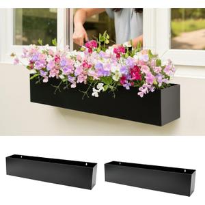 LaLaGreen Outdoor Wall Planters (30 Inch, 2 Pack) Carbon Steel Black Metal Hanging Flower Pots for Succulents, Wall Mount Rectangular Long Window Sill Box Fence Floating Shelf for Modern Garden Decor