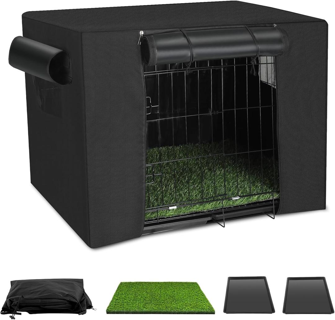 Dog Crates Kit with Artificial Grass and Dog Crates Cover, 27 Inch Double Door Collapsible Metal House for Dogs and Cats, Dog Cage with Leak-Proof Pan Tray, Travel, Indoor and Outdoor Dog Kennel