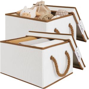 LoforHoney Home Fabric Storage Bins with Lids for Organizing, Foldable Closet Storage Boxes for Shelves, Clothes Baskets with Cotton Rope Handles, Large, Beige & Brown, 2-Pack