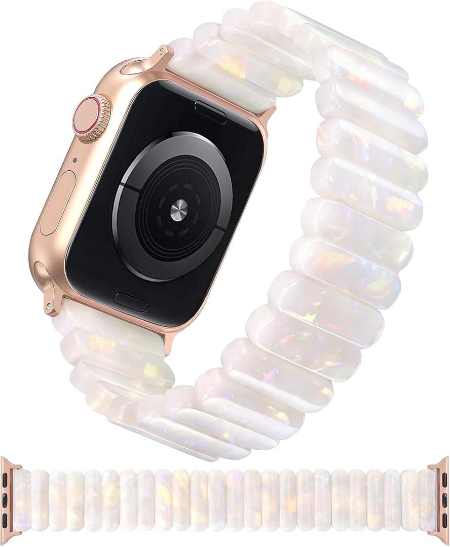 V-MORO Resin Stretchy Band Compatible with Apple Watch 38/40/41mm, 42/44/45/46/49mm Fashion Cute Strap for iWatch 10/9/8/7/6/5/4/3/2/1/SE Lightweight Elastic Bracelet Wristband Women,S/M SIZE (Colorful Ivory White - Rose Gold) V-MORO Resin Stretchy Band Compatible with Apple Watch 38/40/41mm, 42/44/45/46/49mm Fashion Cute Strap for iWatch 10/9/8/7/6/5/4/3/2/1/SE Lightweight Elastic Bracelet Wristband Women,S/M SIZE (Colorful Ivory White - Rose Gold)