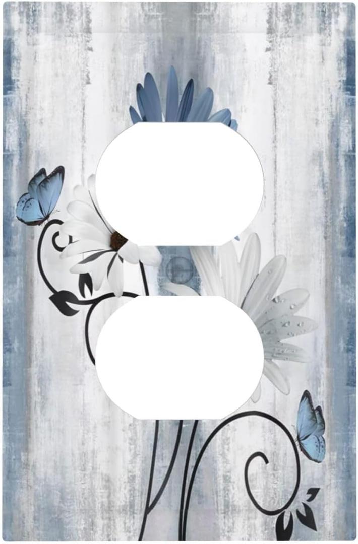 Rustic Farm Blue Daisy Floral Flowers Butterfly Outlet Covers 1 Gang Duplex Light Switch Cover Decorative Switch Plates Electrical Receptacle Faceplate Wall Plate for Farmhouse Bedroom Decor
