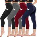 CAMPSNAIL 4 Pack Capri Leggings for Women - High Waisted Capris Tummy Control Yoga Pants with Pockets Workout Cycling Tights (Small-Medium, 4 Packs, 3#black/Dark Gray/Wine Red/Navy Blue2 Pockets)