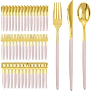 I00000 300 Pack Gold Silverware with Pink Handle, Pink Plastic Utensils Set, Disposable Cutlery include100 Forks, 100 Knives, 100 Spoons,Plastic Cutlery Set for Wedding & Party