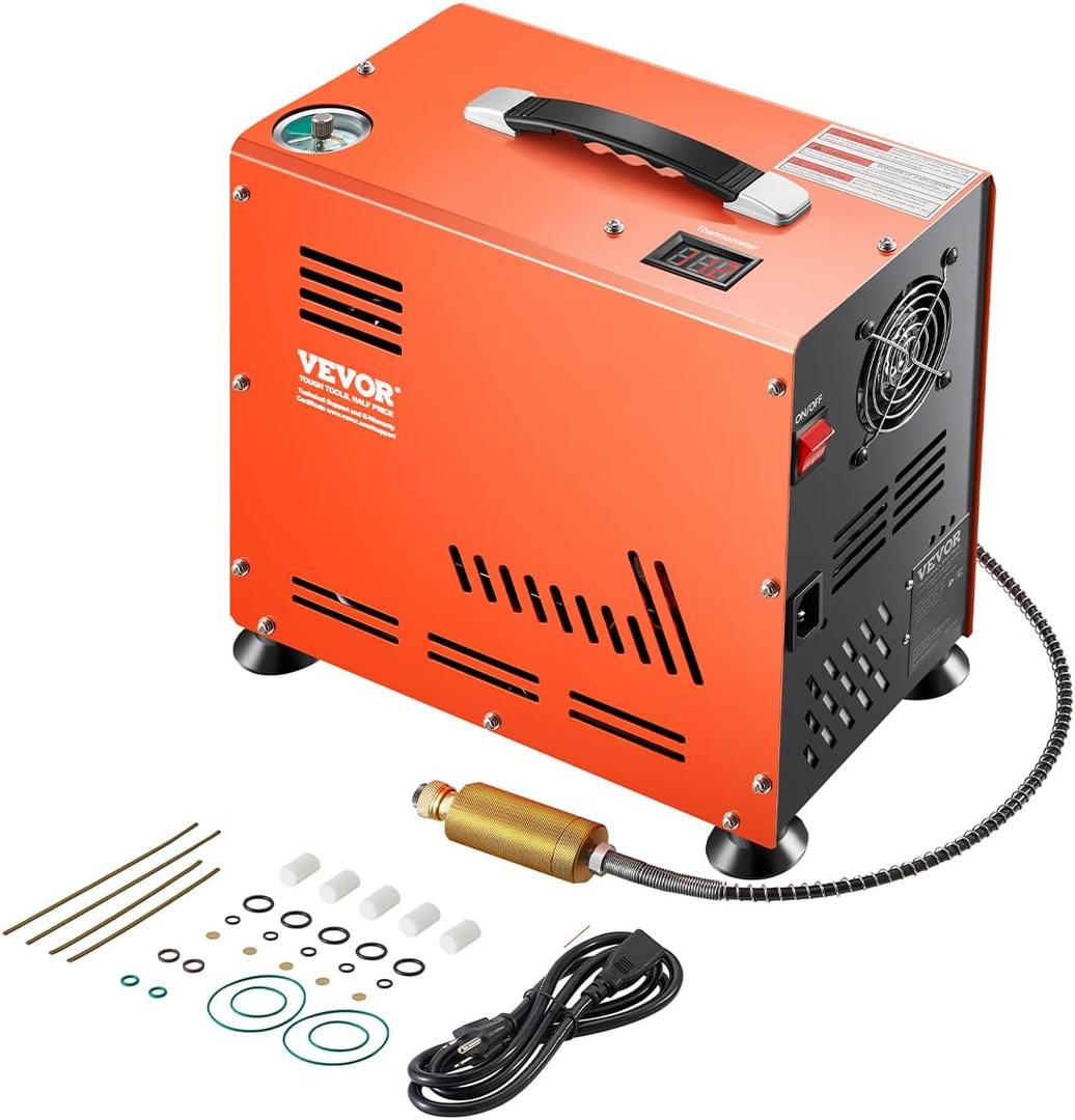 VEVOR PCP Air Compressor, 800W Dual-Cylinder PCP Airgun Compressor 4500PSI/30Mpa with Built-in Fan Cooling System, Auto-Stop | Oil Free Paintball Tank Compressor for Air Rifle, Scuba Diving Bottle (Large, Orange)