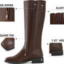 Shoe'N Tale Knee High Boots for Women Block Low Heel Stretchy Square Toe with Side Zipper Fall and Winter Fashion Comfortable Boots (Brown)