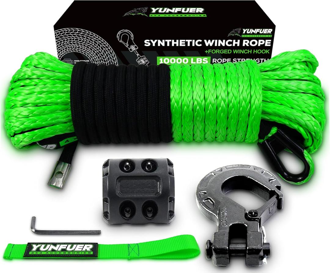 1/4" x 50ft 10000LBS Green Synthetic Winch Rope Kit with Protective Sleeve, Forged Winch Hook, Rubber Stopper and Safety Pull Strap for ATV/UTV