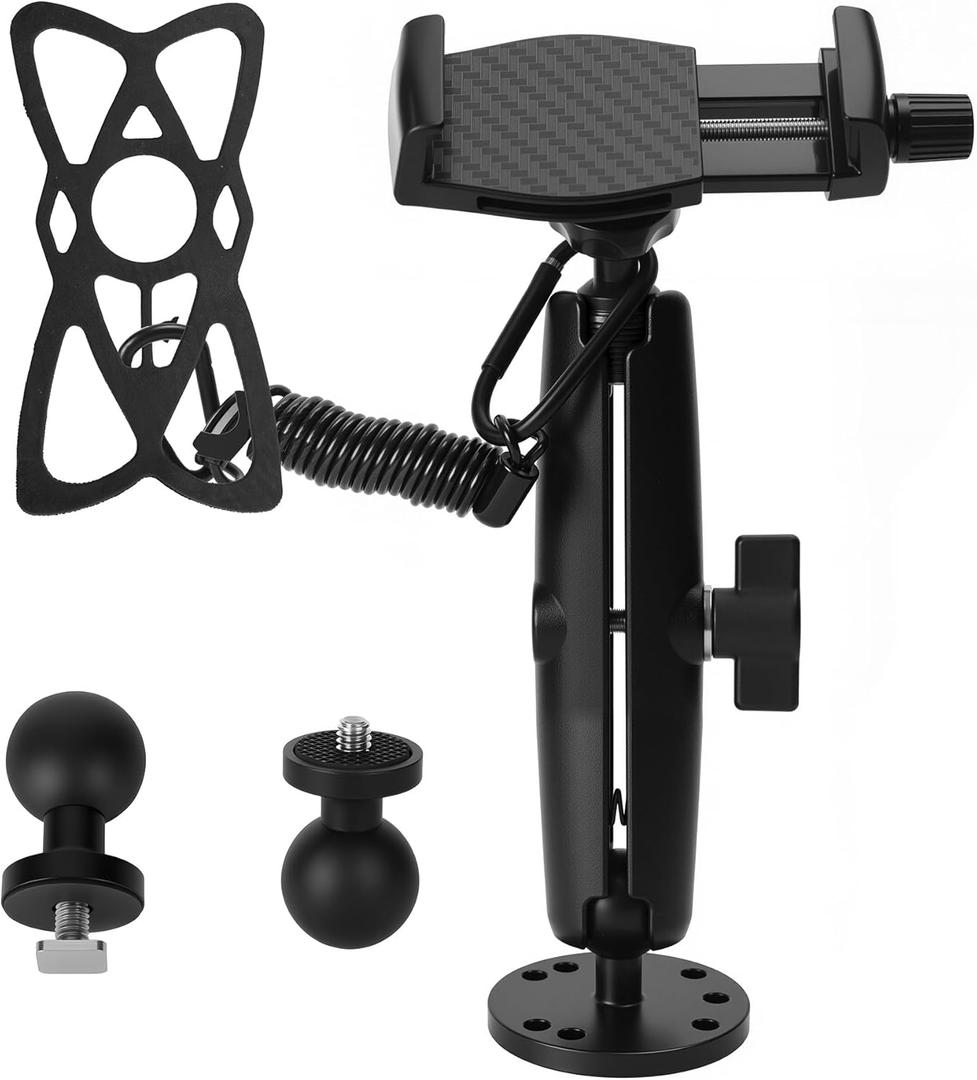 Kayak Phone Holder & Camera Mount, 360 Adjustable Phone Holder with Traction spring and silicone fixing sleeve, Long Arm Kayak Phone Mount with 2 1" Screwball Track Mount, Fits GearTrac&Track Systems