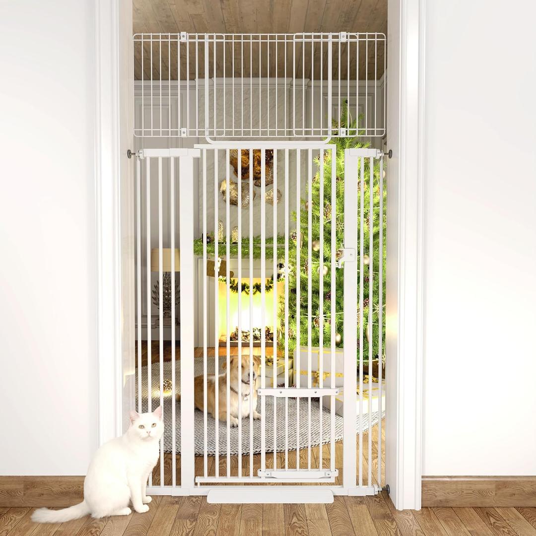 71" Extra Tall Cat Gate 29.5-40.6 Wide Pet gate for Doorway Pet Gate with Cat Doors NO Drilling Pressure Mount Kit for Cats and Dogs Indoor Doorways liveing Room Bedroom-White