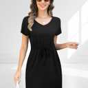 Womens Summer Dresses 2025 Casual Tie Front Short Sleeve A Line Midi Shirt Dress Beach Vacation Clothes (Black, S)