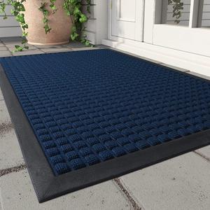 MontVoo-Front Door Mat Outside Entrance Doormat-Outdoor Indoor Door Mat for Entryway-Welcome Mat Thick Durable Rubber Backed Door Entry Mat Non Slip Dirt Trapper Absorbent-Blue 17x30 (2'6" x 1'5", Checker-navy)