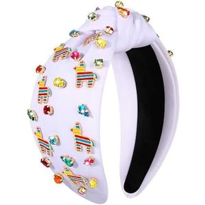 Mexican Headband for Women Cinco De Mayo Headband Beaded Fiesta Knotted Hairband Embellished Rhinestone Crystal Wide Top Knot Hairband Mexican Holiday Hair Accessory Party Favors Gifts (Pinata White)