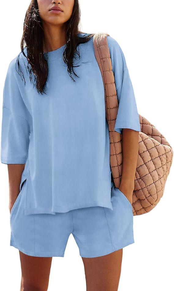 COCCKO Womens Shorts Sets 2 Piece Outfits Summer 2025 Half Sleeve Crew Neck Cotton Lounge Sets Matching Clothing, Large Size