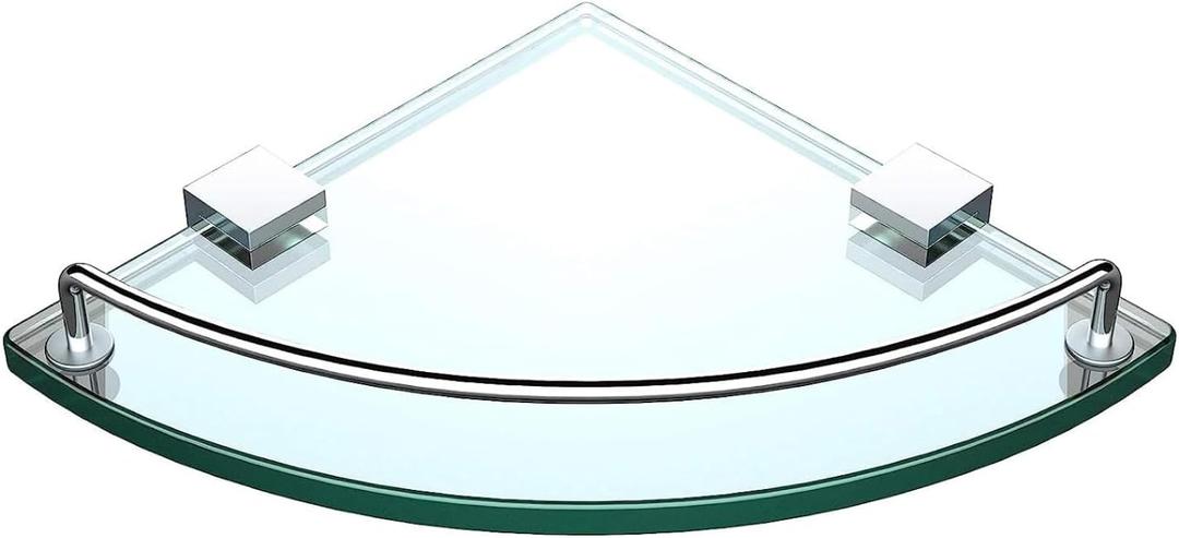 Vdomus Glass Corner Shelf for Bathroom, Tempered Glass with Rail, Stainless Steel Wall Mounted Corner Shower Shelf for Bathroom Organization
