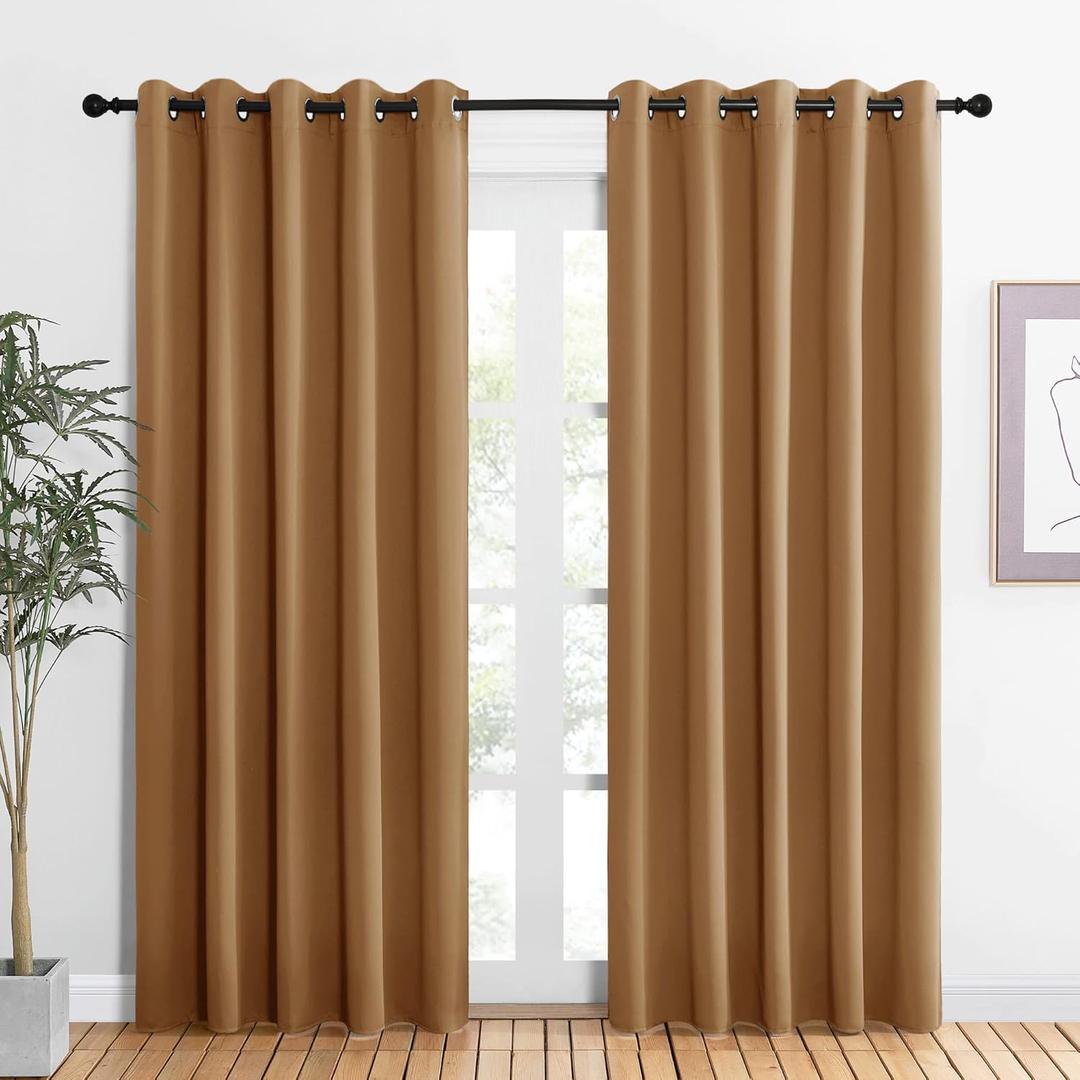 NICETOWN Blackout Draperies Curtains for Kids Room, Window Treatment Thermal Insulated Solid Grommet Blackout Drape Panels for Bedroom (Gold Brown, Set of 2, 60 by 84 inches)
