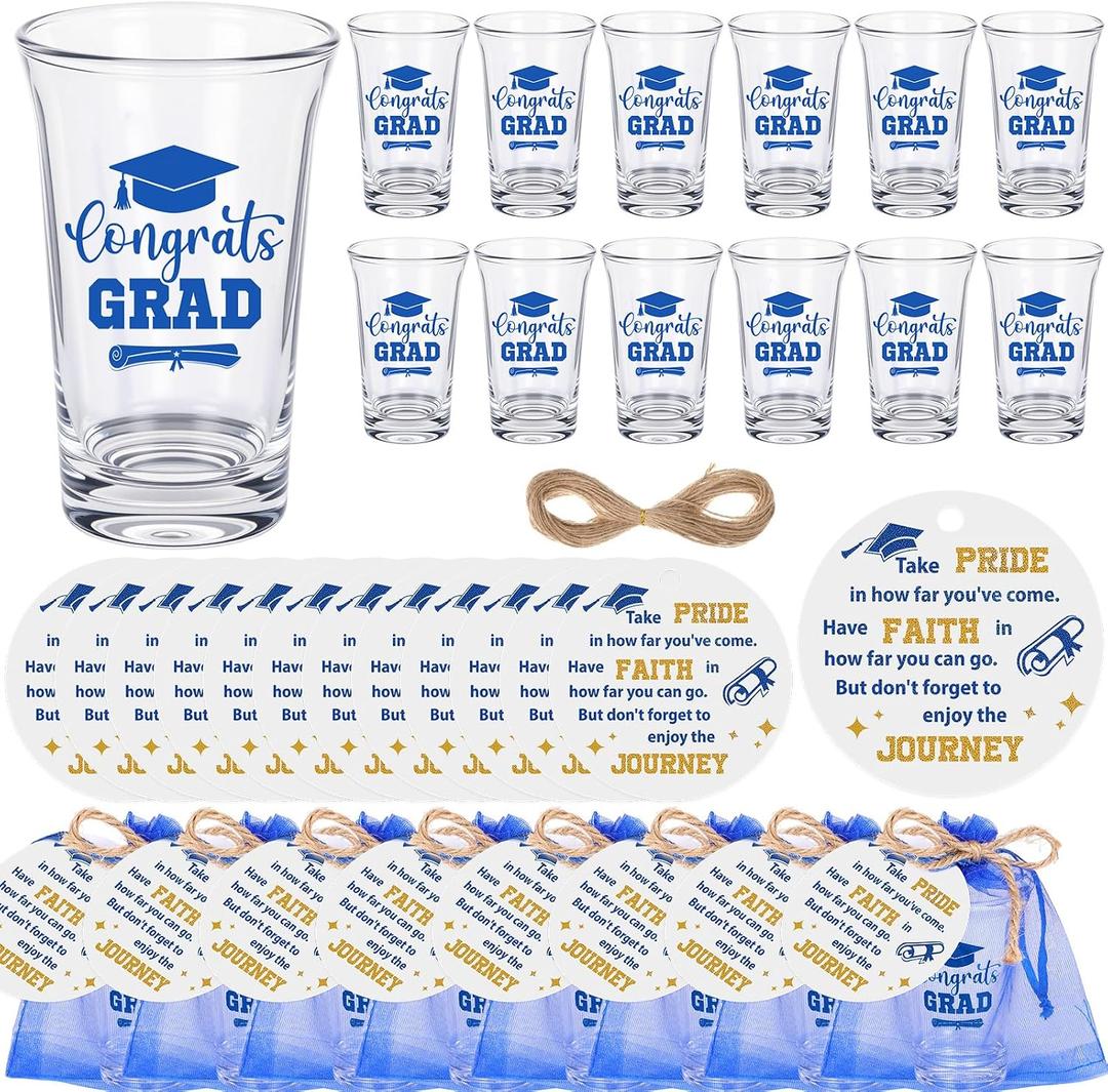 Jingmore 50 Set Graduation Acrylic Shot Glasses for 2026 Congrats Grad Party Favors, Reusable 1.2 oz Clear Shot Glasses with Round Gift Cards and Organza Bags for High School College Graduates (Blue)