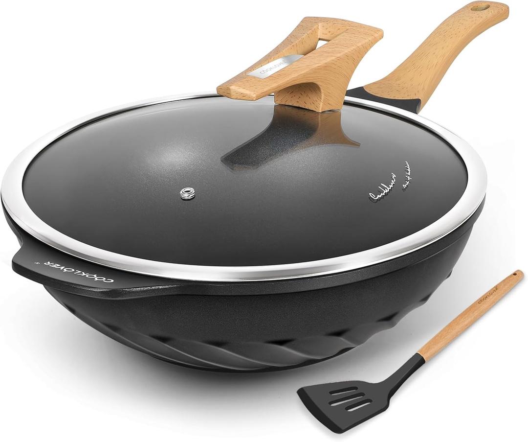 Nonstick Woks And Stir Fry Pans Die-cast Aluminum Scratch Resistant 100% PFOA Free Induction Wok pan with Lid 12.6 Inch - BK