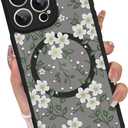 OOK for iPhone 16 Pro Max Case Cute White Flower Floral Leaves Design for Girls Women Compatible with Magsafe Soft TPU Camera Lens Protective Magnetic Phone Cover White#1