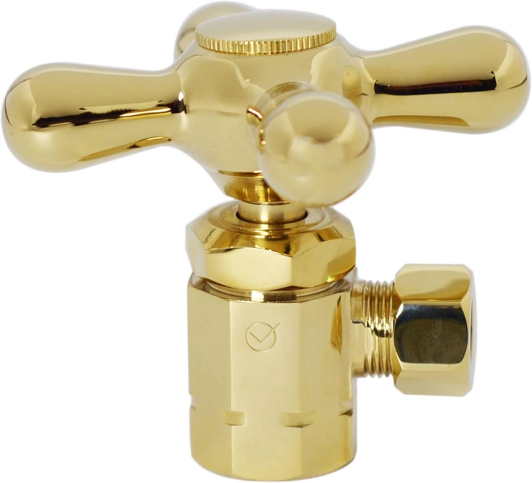 Westbrass Cross Handle Angle Stop Shut Off Valve, 1/2" IPS Inlet with 3/8" Compression Outlet, Polished Brass, D103X-03