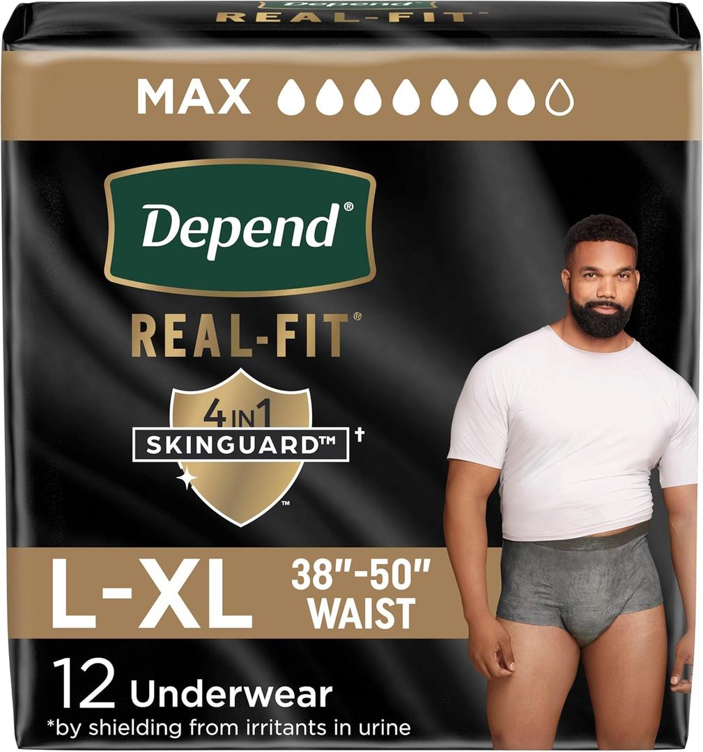 Depend Real Fit Adult Diapers, Incontinence Underwear for Men, Disposable, Maximum Absorbency, Large/Extra Large, Grey, 12 Count, Packaging May Vary