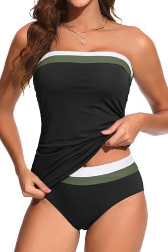 Amazon.com: Daci Black Color Block Bandeau Tankini Swimsuits for Women - Two Piece Ruched Tummy Control Bathing Suit Strapless Swimwear with Bottom M : Clothing, Shoes & Jewelry