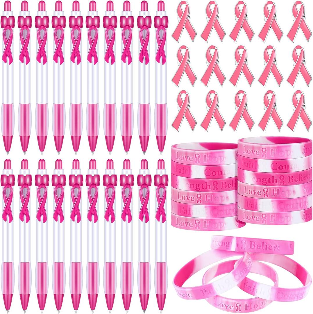 Teling 60 Pcs Breast Cancer Awareness Gift Bulk Pink Ribbon Lapel Pins Bracelets Pink Ribbon Retractable Ball Point Pens for Cancer Patients Survivor Campaign Theme Charity Event Party Supplies