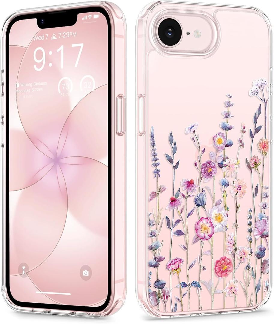 GVIEWIN for iPhone 17e Case & iPhone 16e Case, [Non-Yellowing][Military-Grade Protection] Hard PC&TPU Bumper, Floral Shockproof Protective Clear Phone Case (Floratopia/Colorful)