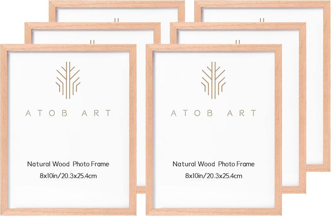 ATOBART 8x10 Picture Frames Solid Wood, 6 Pack OAK Photo Frame Set with Real Glass Cover, Natural Wood Color Frames, for Wall Mounting or Tabletop Display