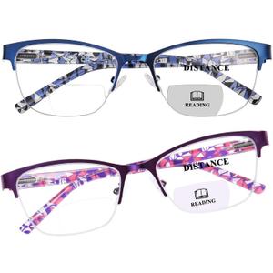 FONHCOO Bifocal Reading Glasses for Women, Metal Spring Hinge Blue Light Blocking Half Frame readers