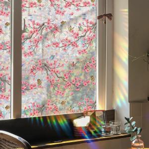 Runtoo Window Privacy Film Rainbow Cherry Blossom Flower Window Clings 3D Decorative Vinyl Stained Glass Butterfly Floral Decals Static Cling Sticker Non-Adhesive, 15.75 x 40 inches