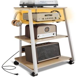 4-Tier Stereo Stand, AV Media Stand Cabinet Console Shelf with Power Strips and 2 Hooks, Audio-Video Rack Game Console Stand Media Organizer (Maple)