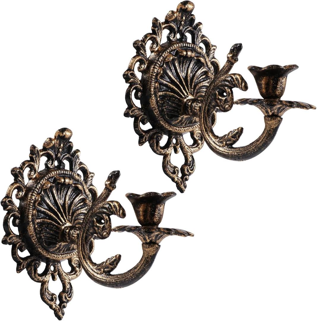 Polifish Antique Gold Wall Candle Holder Set of 2, Vintage Taper Candle Wall Sconce, Cast Iron Candlestick Holders Decor for Living Room, Fireplace and Yard Channel